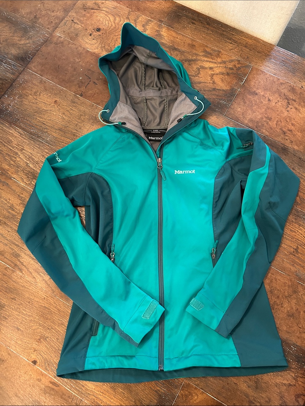 Marmot Women's ROM Windstopper Hooded Softshell Jacket Teal Sz S Adjustable Hood